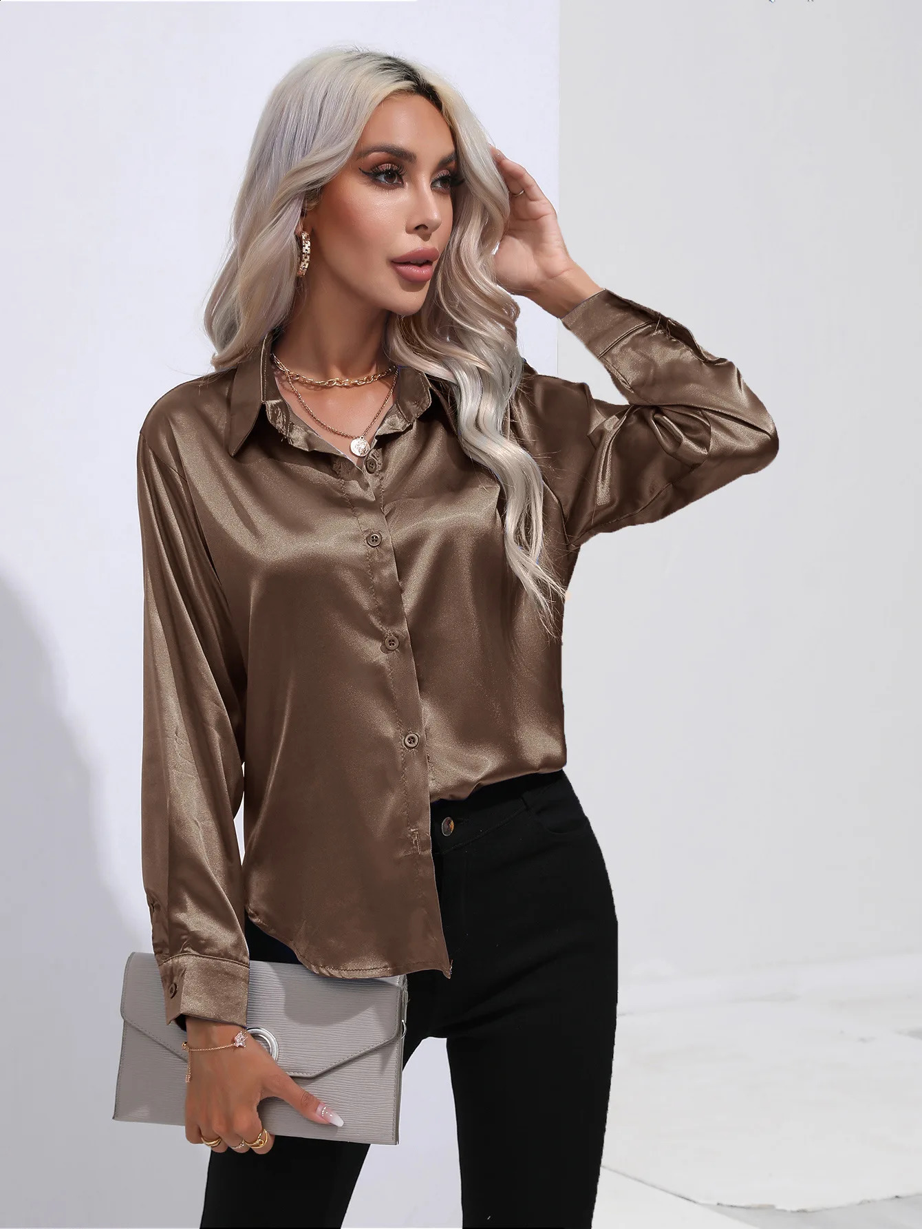 2024 Womens Fashion Trends Elegant Shirt Satin Silk Long Sleeve Summer 250319