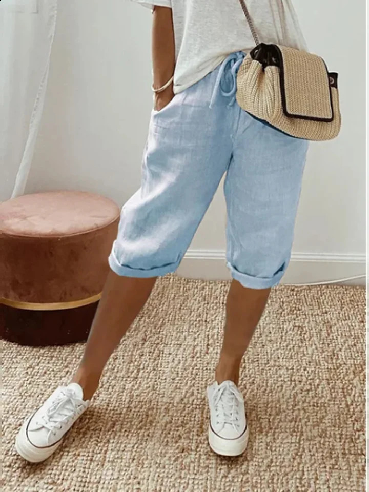 Summer Middle Pants Womens Solid Color Pocket Elastic Shorts Casual Fashion Sports Shorts Cotton Beach Shorts 250319