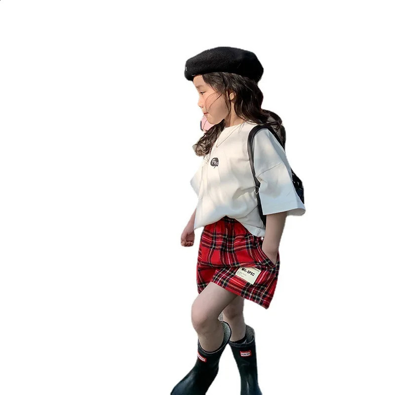 5789 Childrens Short Spring/summer 2025 Girls Red Plaid Pants Korean 2-10Year Kids Skirt Pants 250319