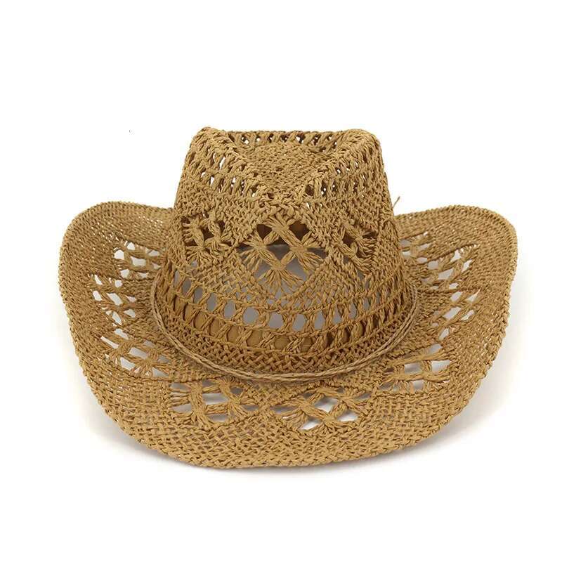 Fashion Hollowed Handmade Cowboy Straw Hat Women Men Summer Outdoor Travel Beach Hats Unisex Solid Western Sunshade Cap
