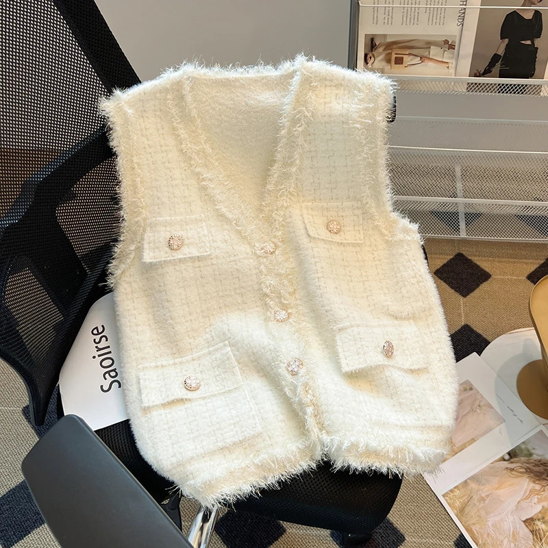 Sparkling knitted Ves soft fuzzy buttons pockets sleeveless plain jacket autumn and winter set 250319