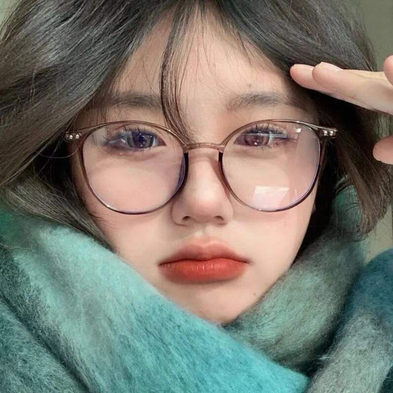 Round Anti Blue Light Flat Lens Cold Tea Colored Female Student Myopia Lens Frame Matched with Degree Bare Color Glasses Frame Women's Lightweigh