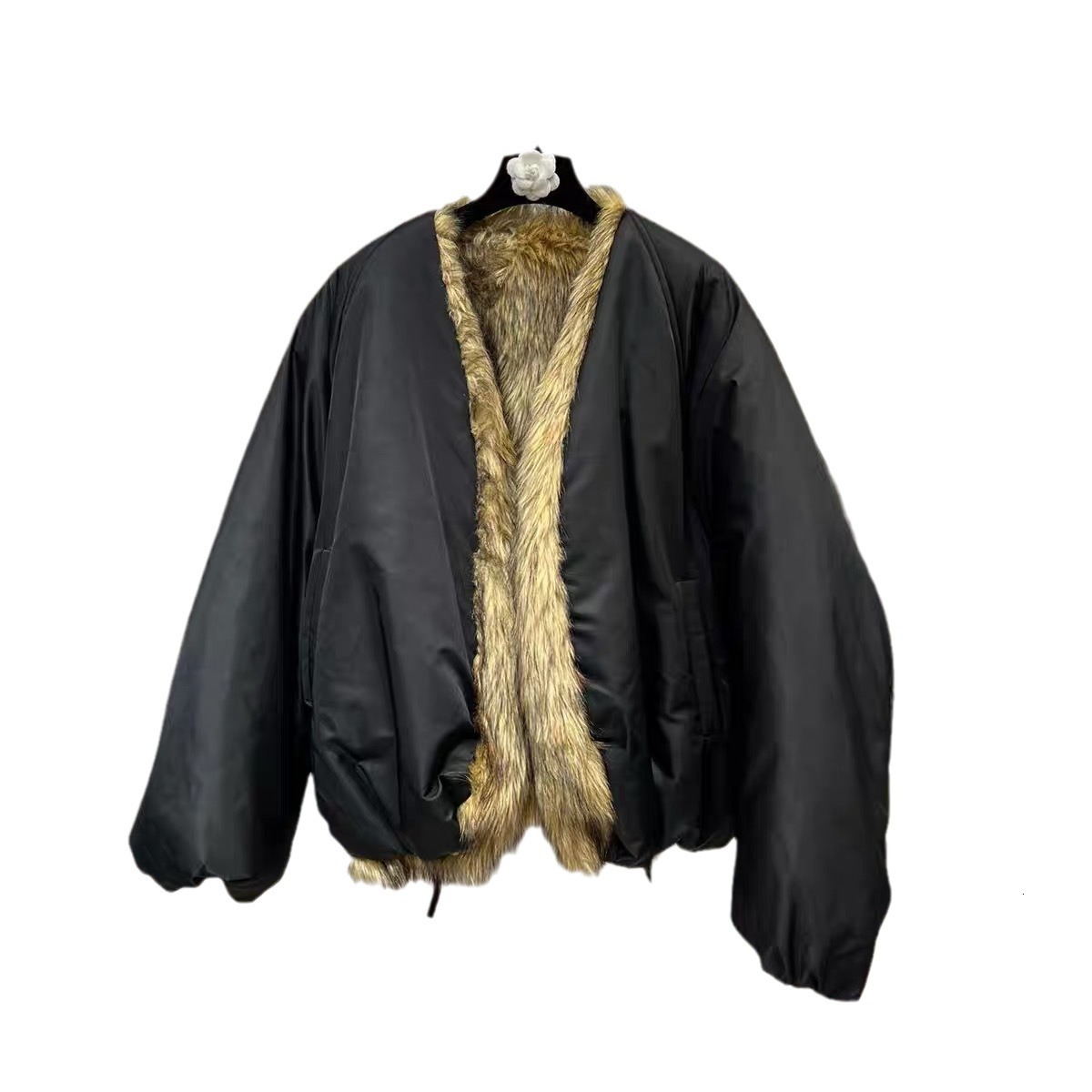 Winter 2024 V-neck long sleeved shirt with simulated fur inside, two sided windproof thick cape cotton jacket