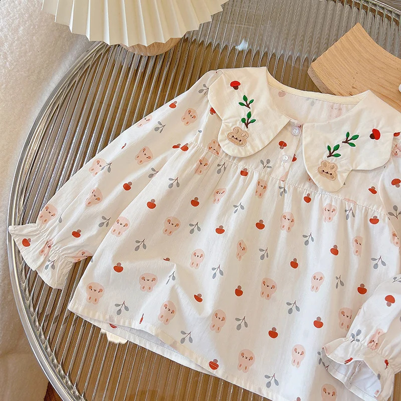 Baby Girl Shirt and Retro SpringSummer Style Doll Collar Flip Fashion Bottom Long Sleeve Casual Clothing 250319