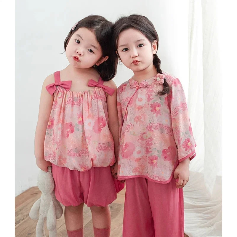 Pink Kids Girls Clothes 2025 Girls Cheongsam Top Pants Set Childrens Vest Flower Bud Pants Summer Childrens Clothing 250319