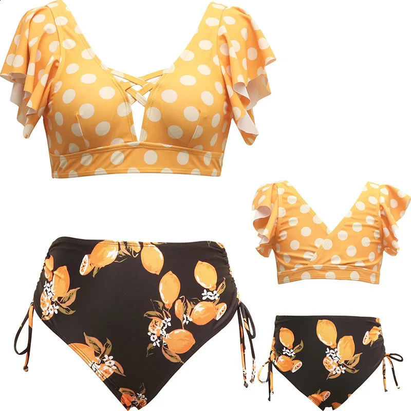 Ruffled Mother Daughter Matching Swimsuits Family Set O-Neck Mom Baby Mommy and Me Bikini Clothes Leaves Woman Girls Swimwear 250319