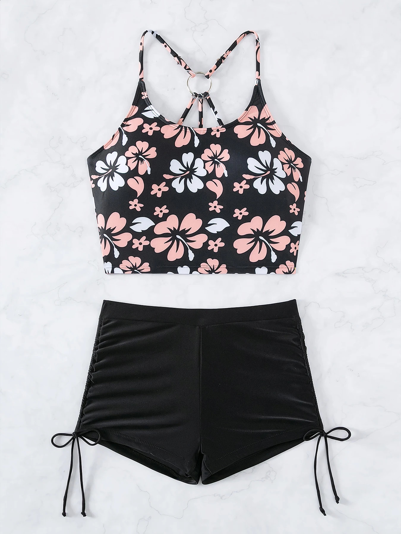 Printed Flower Tankini Set Girl Swimwear Adjustable Strap Vest Bra Female Flower Shorts Bikini Drawstring Women Beach Set 250317