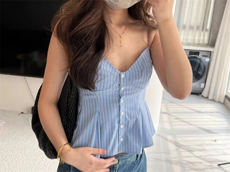 Fashion Womens Camisole Tops Summer Causal Sleeveless Striped Strap Shirts High Street Ladies Folds Hem Tops 250314