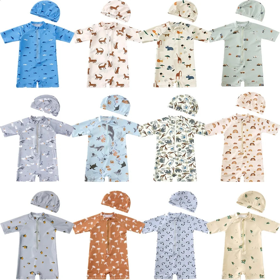 2025 Summer Kids Boys Girls Swimsuits Clothes Vacation Beach Onesie with Hat Toddler Sun-proof Swimwear Sets Surfing Swim Suit 250319