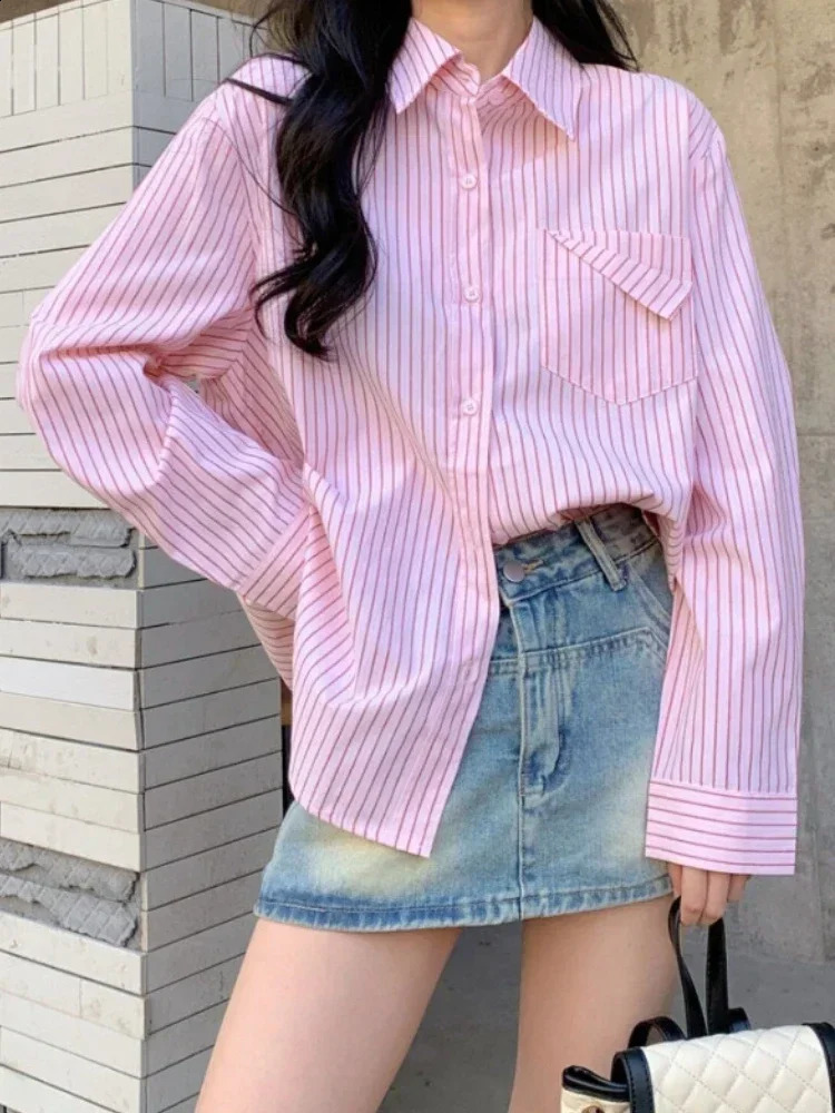 Korean fashion womens loose long sleeved shirt with pockets for casual spring blue striped 250318