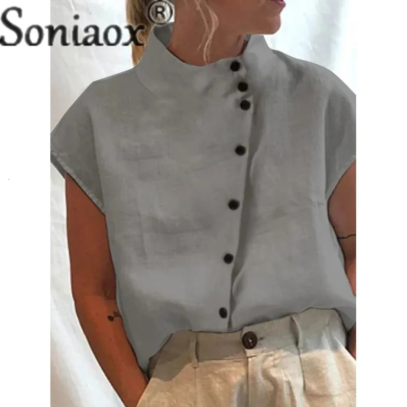 Elegant cotton linen stand up collar womens shirt summer simple style single breasted cardigan womens casual loose shirt 250318