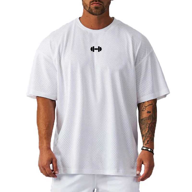 Oversized loose short sleeved quick drying shirt for fitness breathable and cool mesh clothing for mens fitness muscle training T-shirtT250318