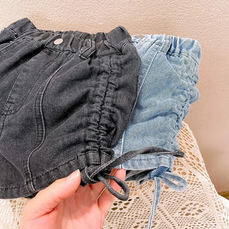 Girls Denim Shorts Stylish Casual Pants Summer Korean Style Drawstring Straps Solid Color Jeans for Outer Wear Kids Shorts 250319