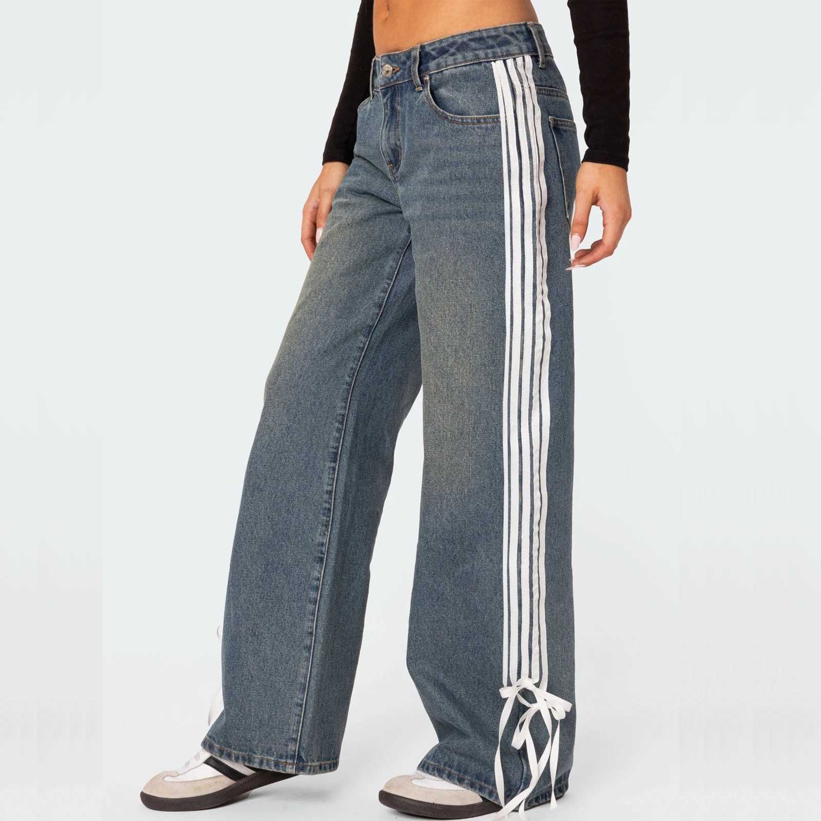 Womens Low Rise Jeans Fashion Side Stripe Tie Bow Straight Leg Denim Pants with Pockets for Summer StreetwearT250319