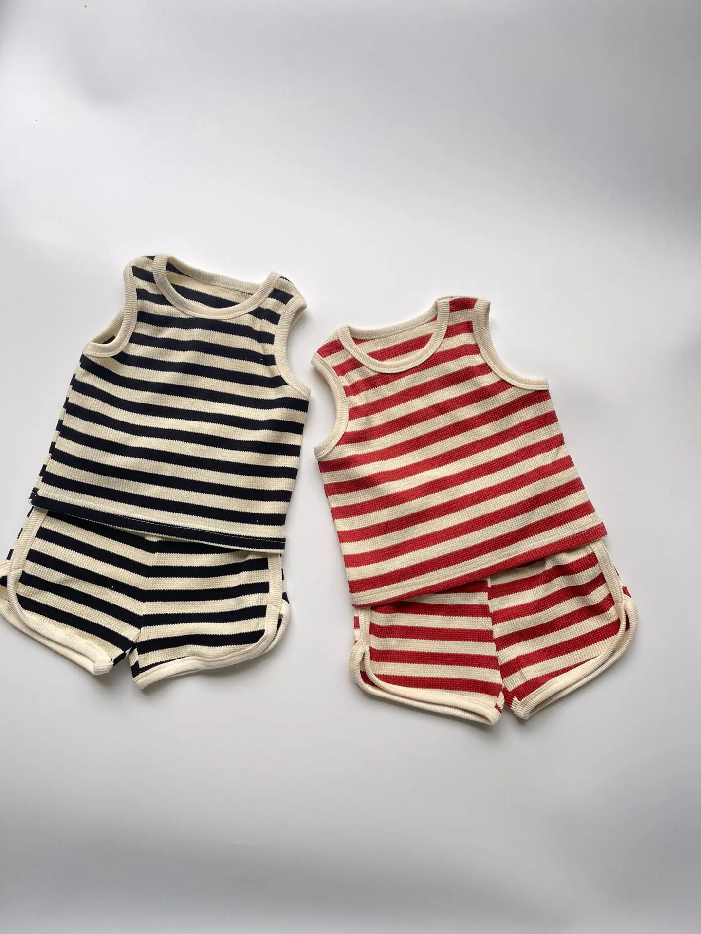 Summer Boy Girl Children Waffle Striped Sleeveless Tops Shorts 2pcs Baby Cotton Loose Thin Vest Suit Kid Casual T-shirt Set 250319