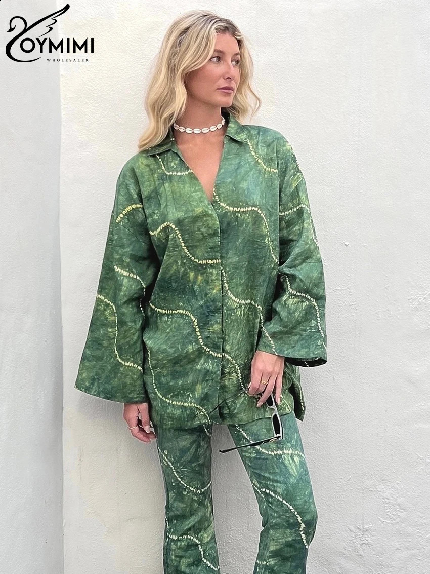Oymimi Fashion Long Sleeve Blouses Two Piece Set Women Vintage Loose Print Pants Set Lady Elegant Y2k High Waist Trousers Suits 250319