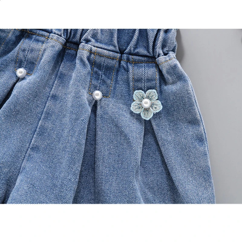 Summer Girls Denim Shorts Korean Fashion Childrens Pleated Jeans 4-12Years Teens Girls Short Jeans Pearl Decoration 250319