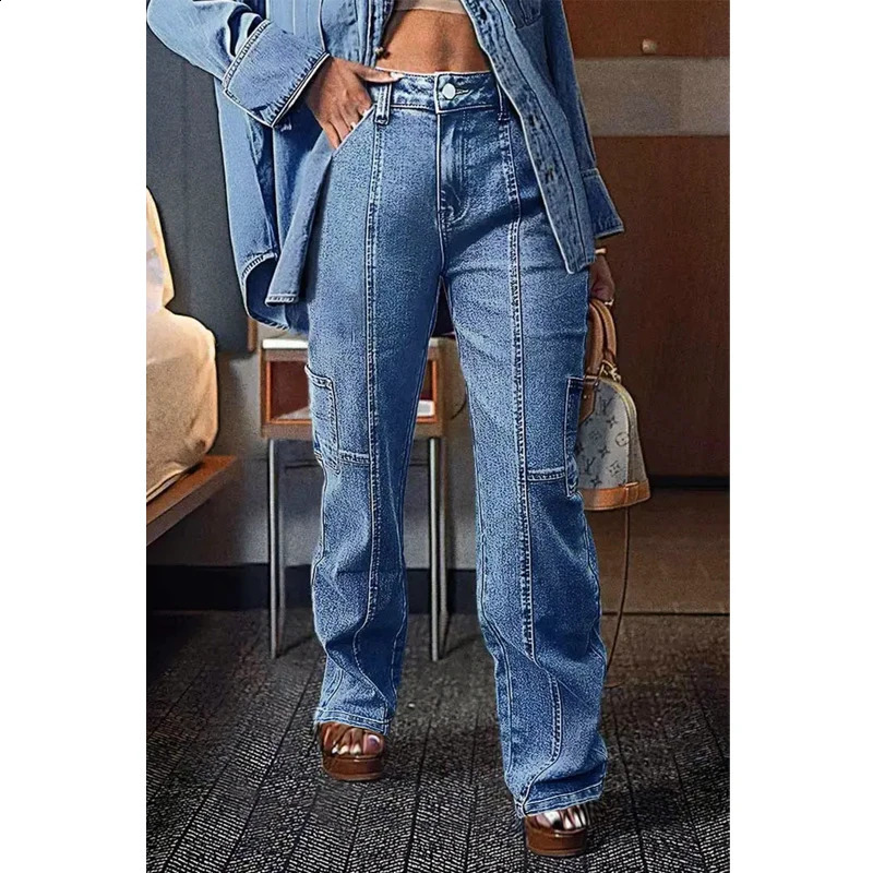 Yellow size high waisted cargo denim pants blue pocket straight leg carpenter tight jeans womens loose Trouser T35 T16 250317