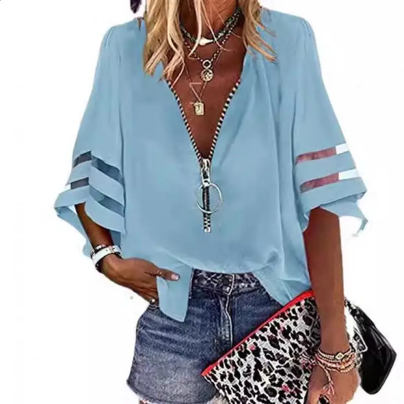 Womens casual loose Vneck half flat sleeve shirt for spring and summer 2025 womens spliced zipper solid 250319