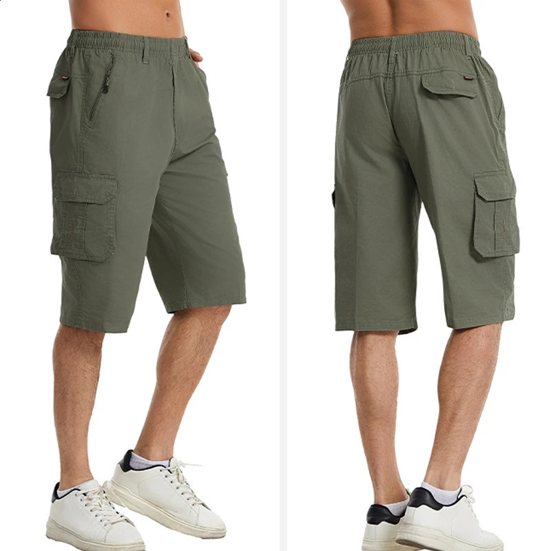 Plus 6XL calf length cargo shorts mens casual breathable summer pants multi pocket work drawstring 250319