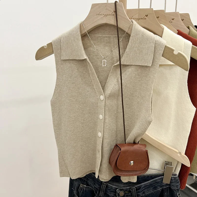 Summer Chic Ice Silk Knitpolo collar with thin eyelashes smooth silhouette vest outerwear womens shoulder sleeveless 250319