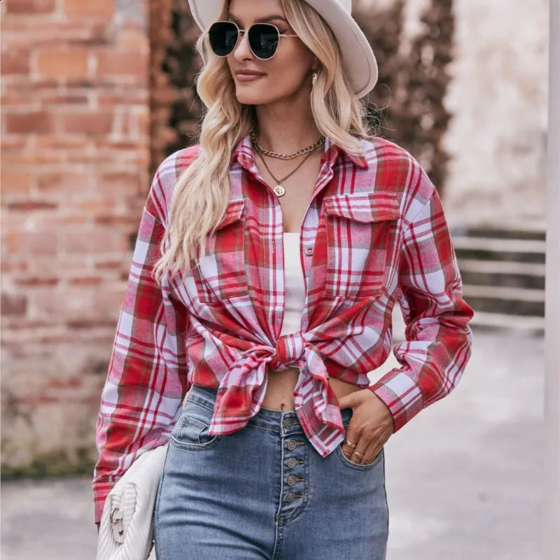 Womens long sleeved autumn button top with casual and fashionable collar oversized loose checkered shirt 250319