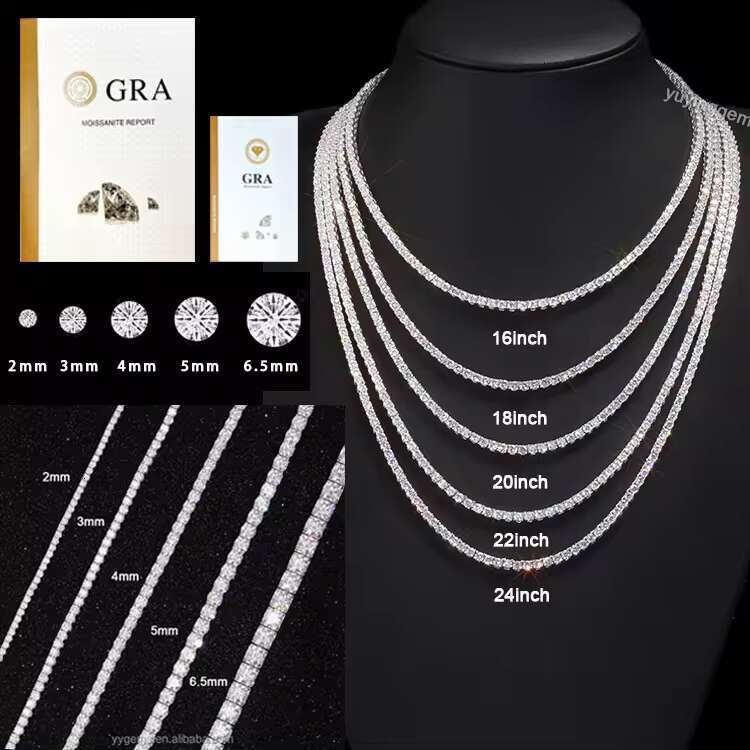 Wholesale price In Stock Sterg Sier Mossanite 2mm--6.5mm VVS Dia women/mans Necklace Moissanite Tennis Chain