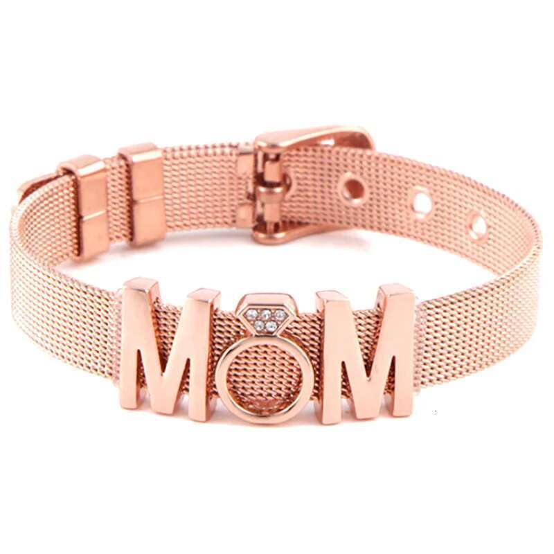 Fashion Ladies Stainless Steel Mesh Bracelets Crystal MoM Charms Fine Bracelet Adjustable Bracelet for Mother's Day Gifts