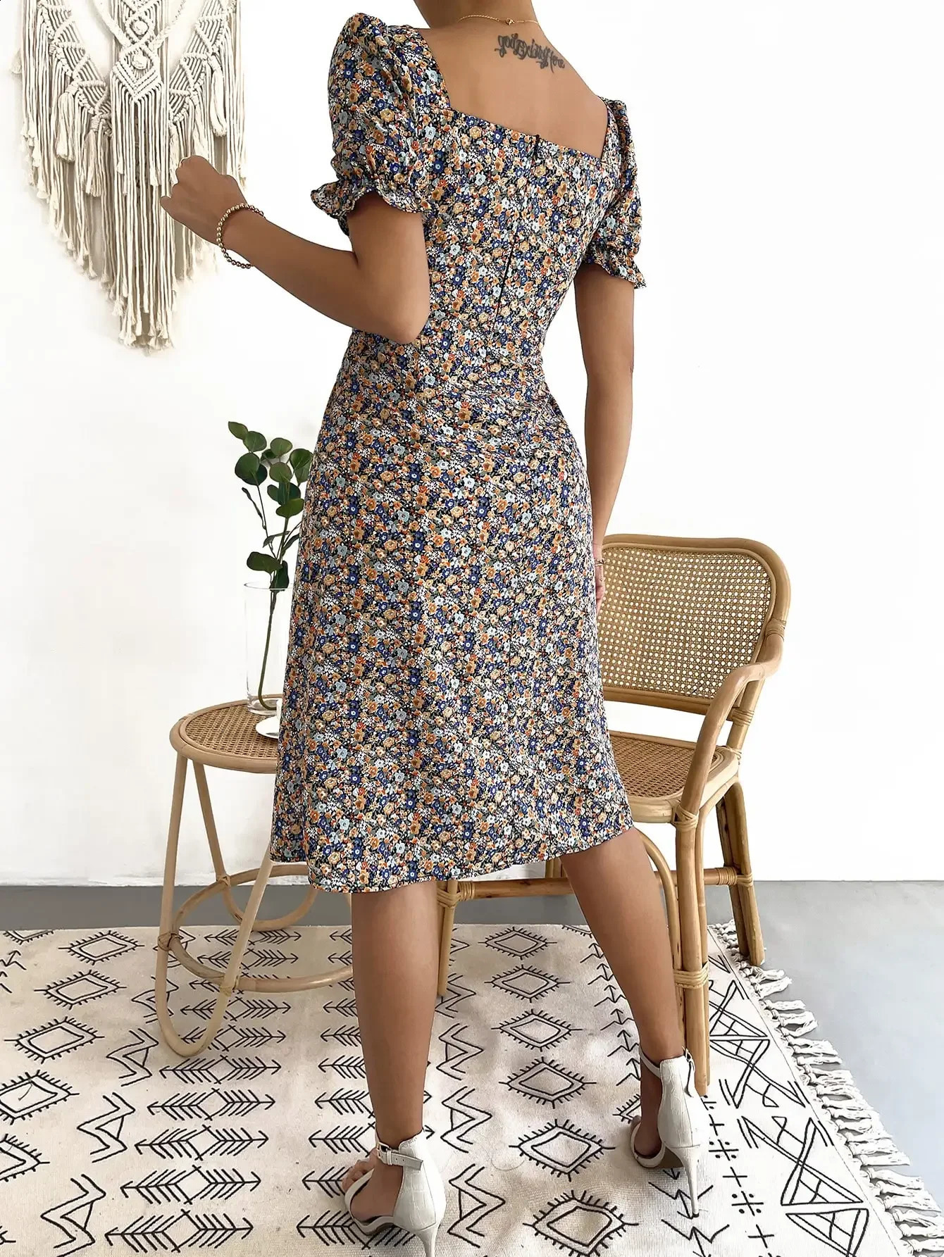 Elegant casual womens dress regular collar short sleeved pleated full body printed Aline skirt boho style 250319