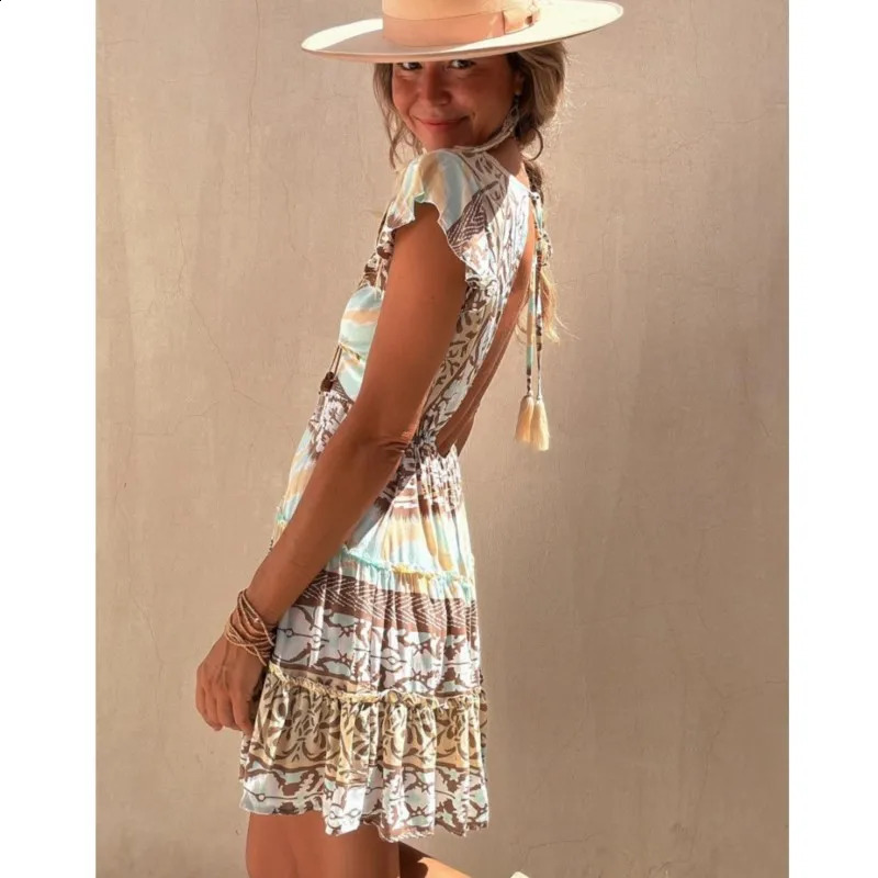 Ethnic Style Short Dress Summer 2024 Womens Vneck Pullover Printed Flying Sleeves Aline Waist Cinched Skirt 250319