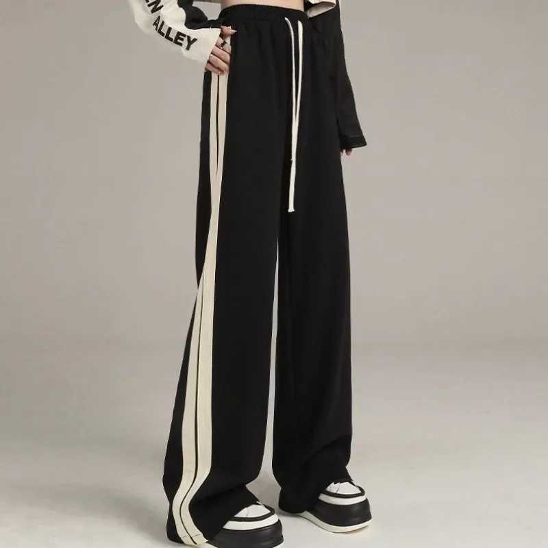 Casual Wide Leg Pants for Women Autumn Winter New Plush Thick Side Stripe Loose Fitting Black Versatile Floor Mop Trousers TrendT250318
