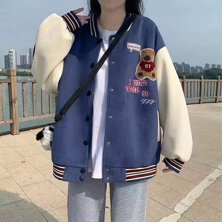 Autumn and Winter Paddle Leaf Thick Baseball Jacket Womens Bear Loose Couple 250317