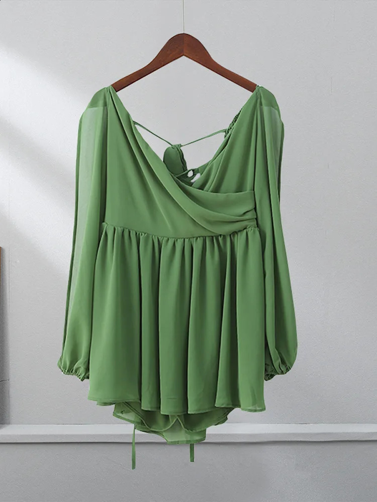 Womens Sexy Chiffon Green Ruffles Split Dress Vneck Long Sleeve A Line Mini Dresses 2025 Female Holiday Beach Vacation 250319