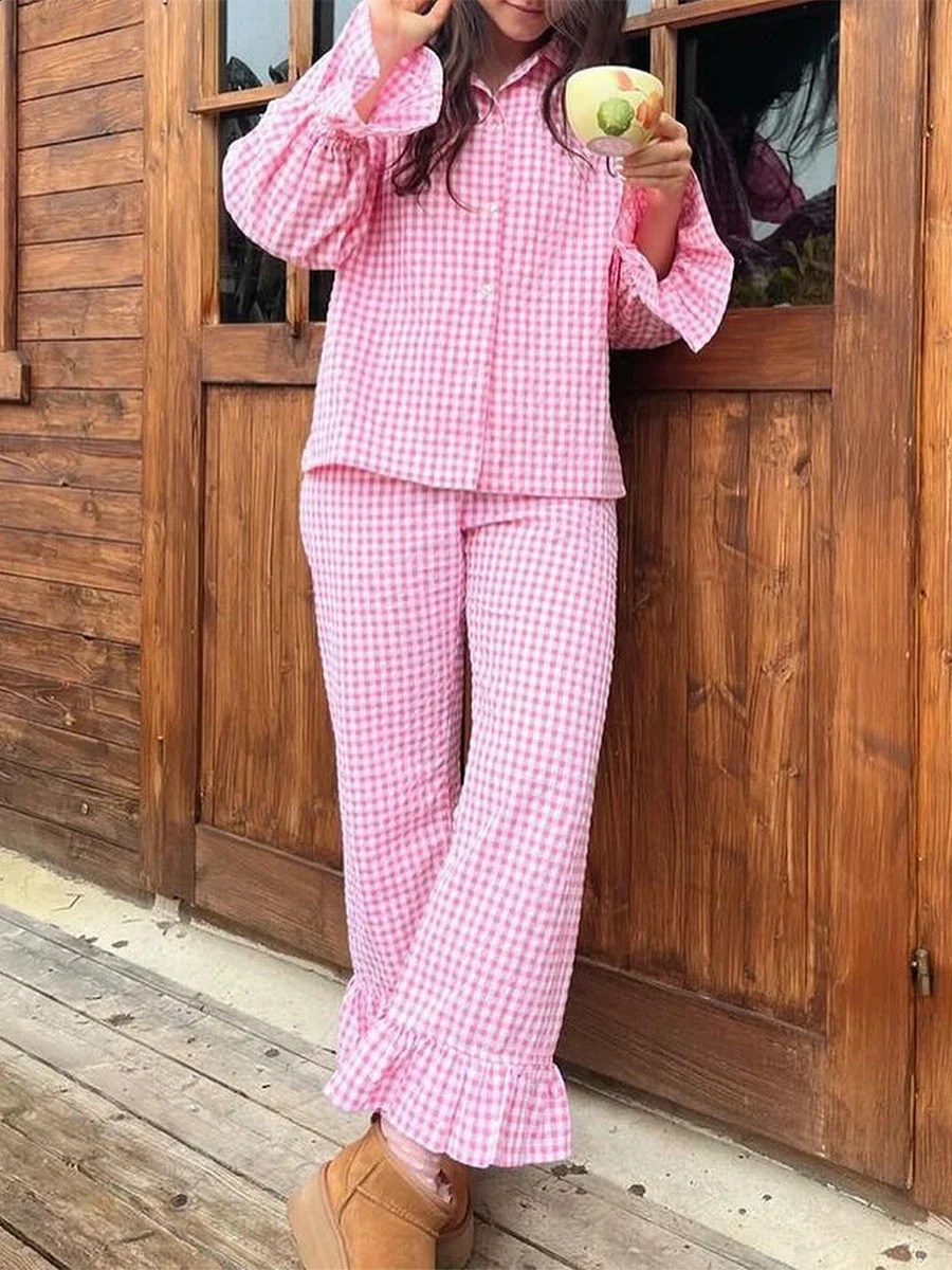 Womens Two Piece Outfits Set Long Sleeve Tie Front Top and Ruffled Wide Leg Pants Y2k Peplum Pajama Sets 250319