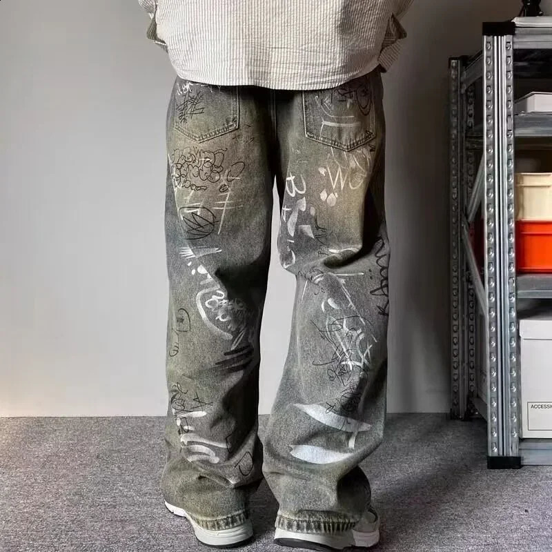 Graffiti Printed Baggy Jeans For Men Y2K Vintage Distressed Blue Harajuku Denim Pants High Street Straightleg Jean Trousers 250319