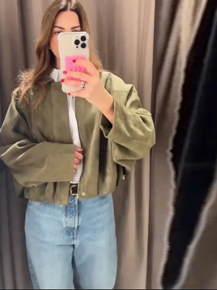 Casual suede zipper long sleeved womens Coats retro lapel pocket jacket spring short streetwear 250317
