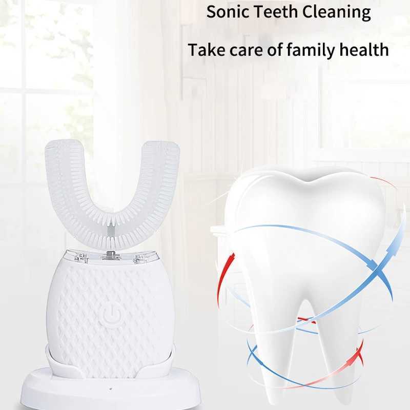 360 Degree ultrasonic electric toothbrush U-shaped adult sonic vibration toothbrush with charging base and blue LED light for whitening M250319