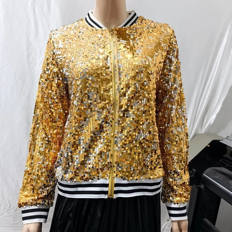 Sequin short zipper jacket Coats womens baseball fashionable gold long sleeved waistband 250317