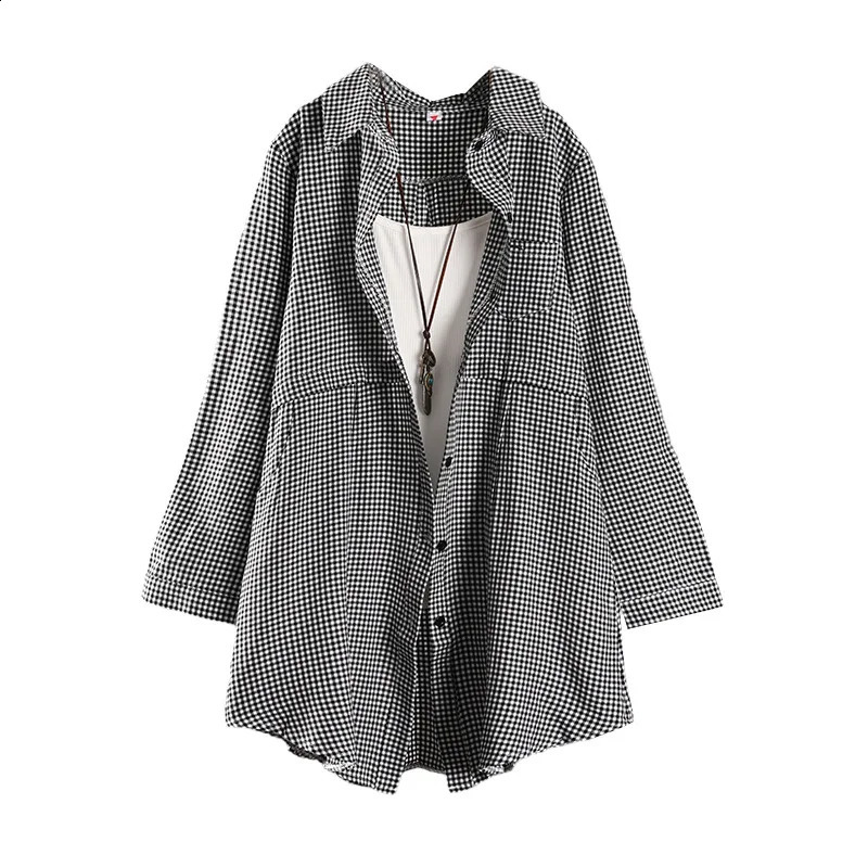 Fashionable and elegant womens shirt with grid pattern weight loss effect perfect for spring summer 250319