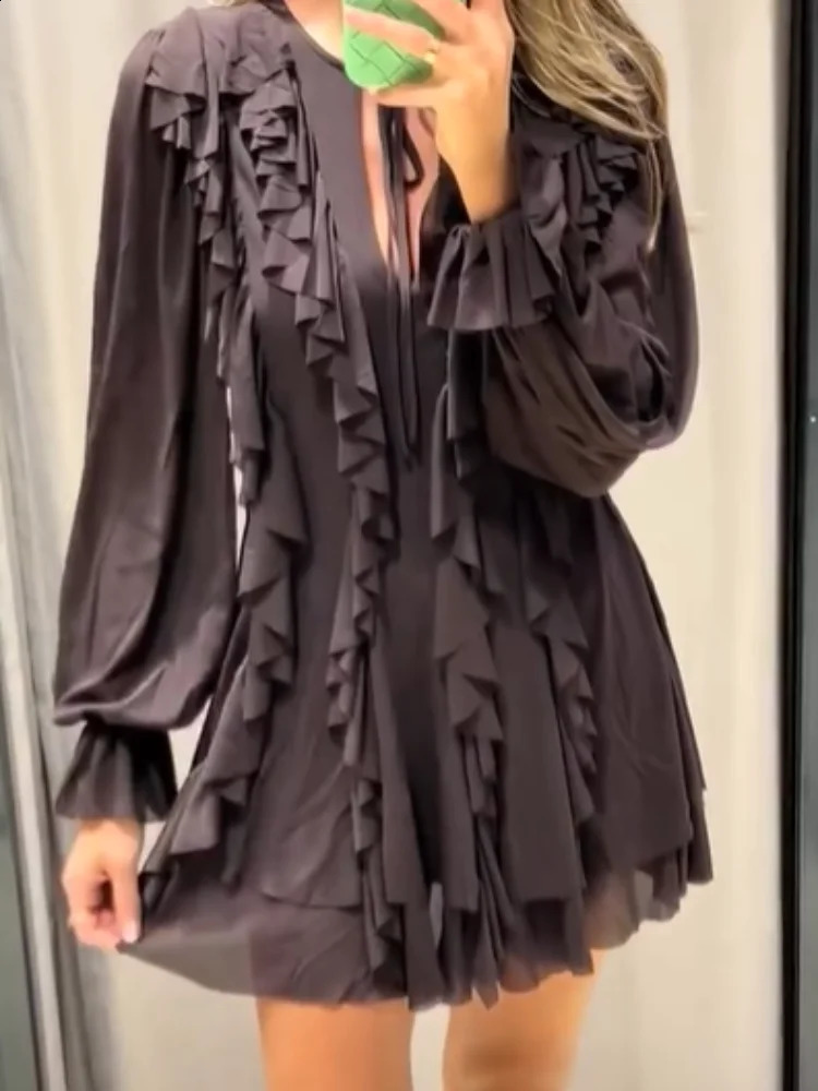 Fashionable deep Vneck puff sleeve pleated hem mini dress for women elegant earth double long sleeved Vestdos 2025 office 250319