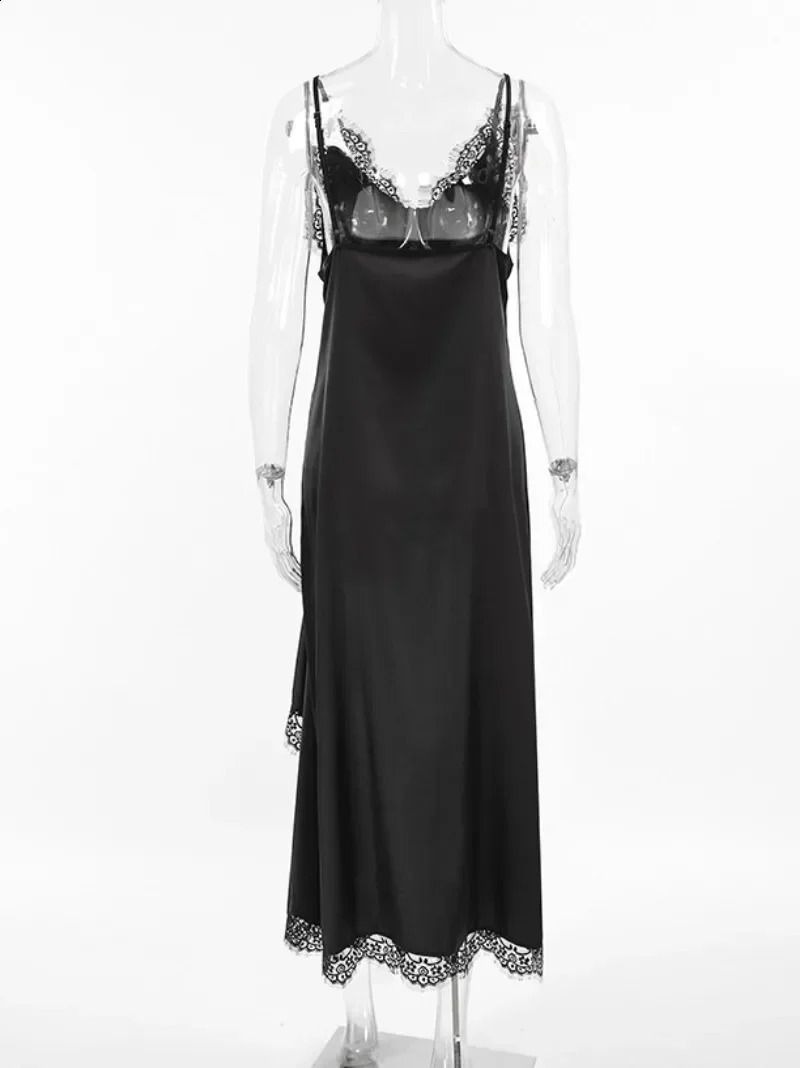 2025 Women Sexy V-neck Lace Patchwork Black Dress Y2K Streetwear Fashion Spaghetti Strap Irregular Split Solid Long Slip Dresses 250319