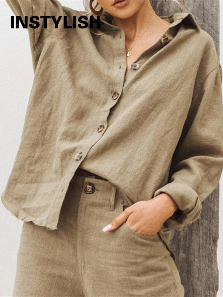 Casual Long Sleeve Cotton Linen Loose Womens Blouse Elegant Solid Vintage Harajuku Button Up Shirt Streetwear Oversized Tops 250318