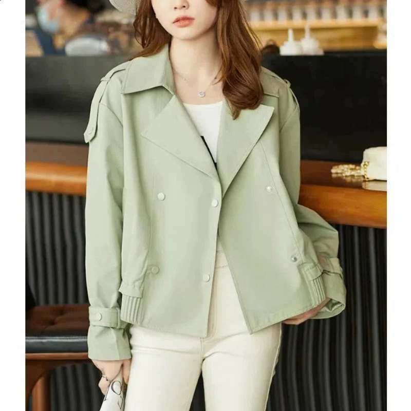 Womens Spring and Autumn Patch Set Collar Button Pocket Casual Fashion Solid Color Loose Short Break Windbreaker Jacket 250317