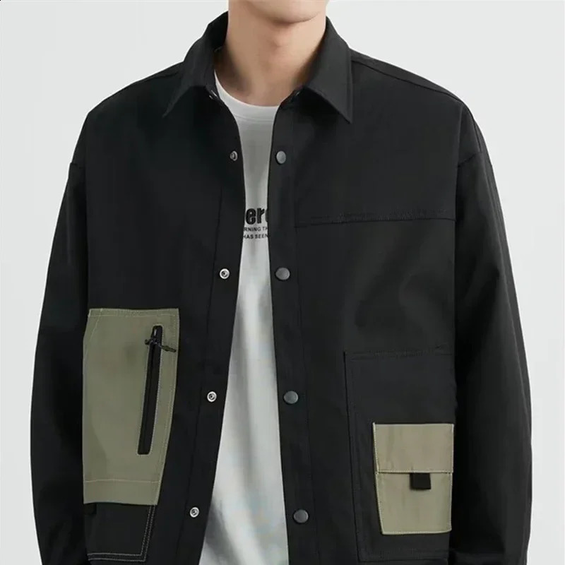Mens colorful lock pocket button bomber jacket autumn American retro baseball uniform black loose top mens lapel Frock 250317
