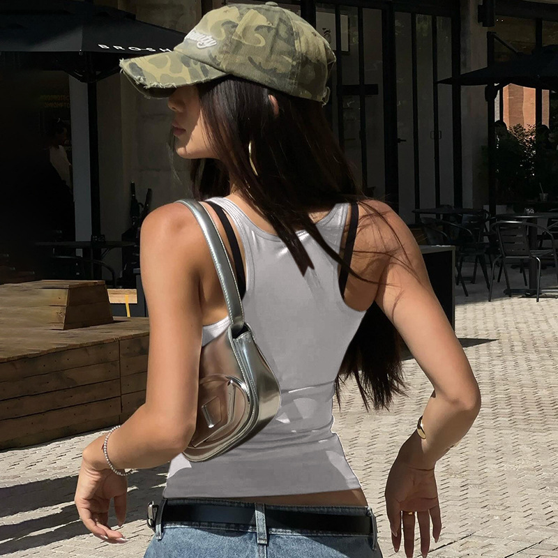 Q24TP323 Women's Summer New Collection Solid Color Square Neck Sleeveless Sexy Vest T-shirt Top for Women