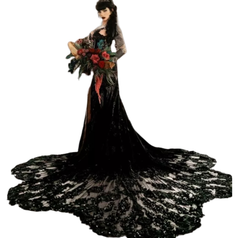 Gothic Black Lace Mermaid Wedding Dresses Spaghetti Straps Backless Long Boho bridal Gowns Sexy Long Train Beach Vestido De Novia 2025