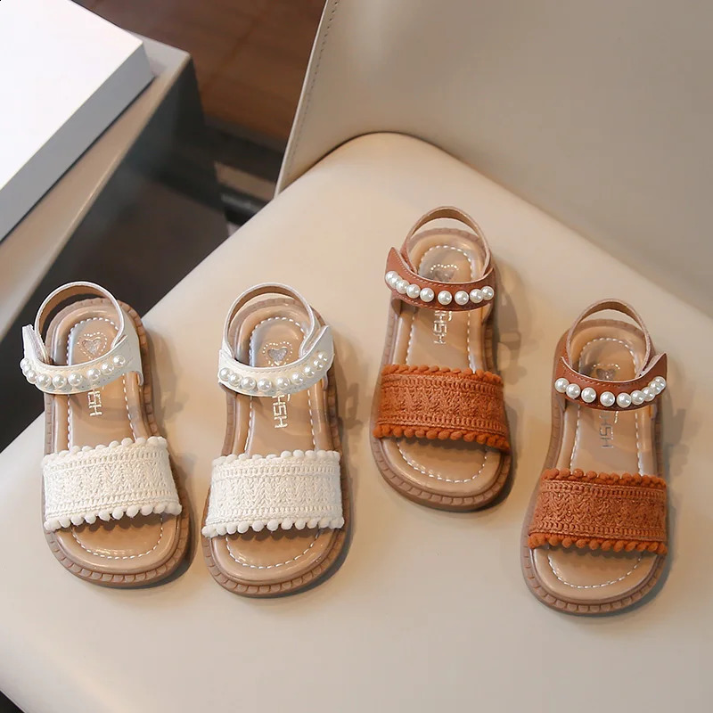 Unishuni Girls Sandals Princess OneStrap Summer Shoes Child Soft SkinFriendly Cloth Sandal Kids Lace Pearl Bohemia Beach Flats 250312