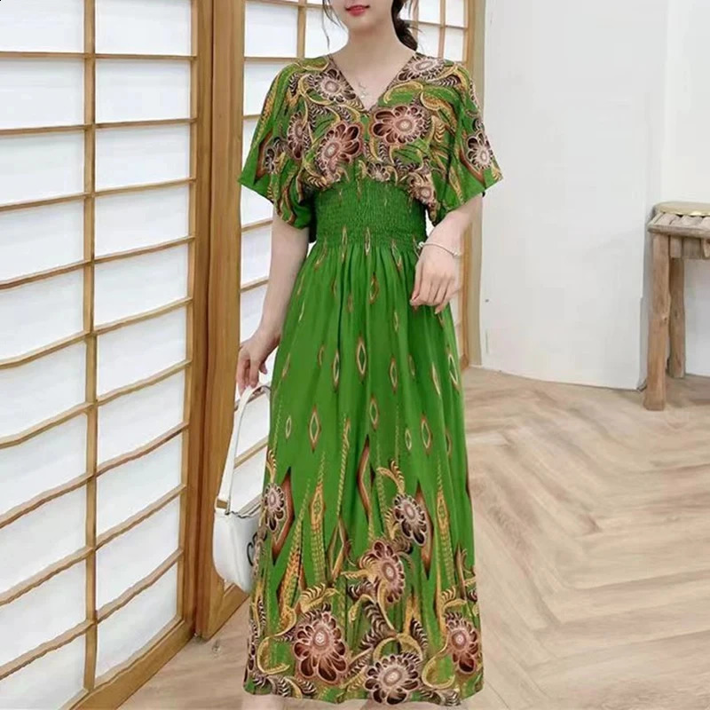 Womens Vneck Short sleeved Dress Elegant Sweet Printed Casual Retro Bohemian Elastic Waist ALine 250319
