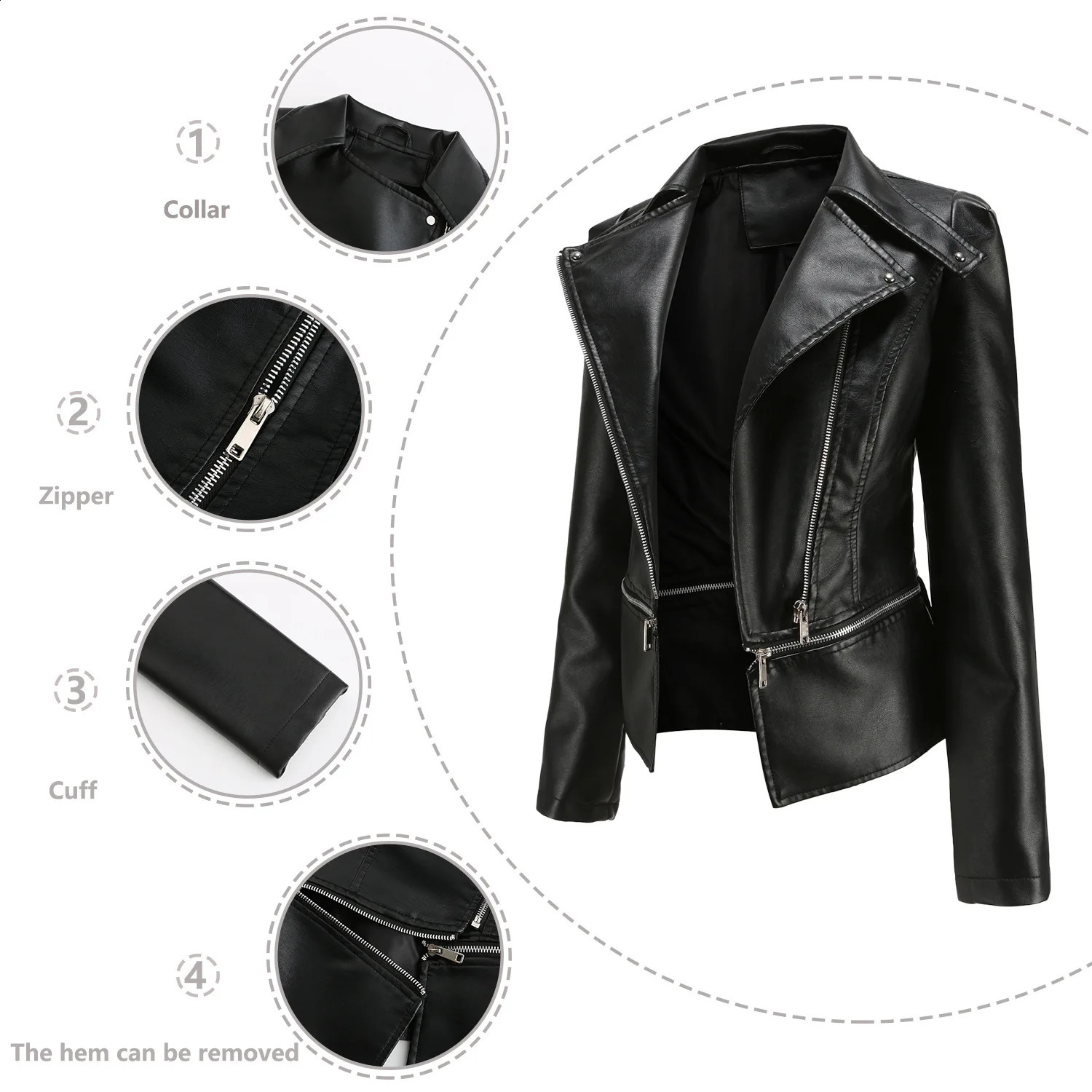 2025 SpringSummer Womens Leather Jacket Detachable Bottom Collar Zipper Casual Coat Motorcycle Windproof 250319