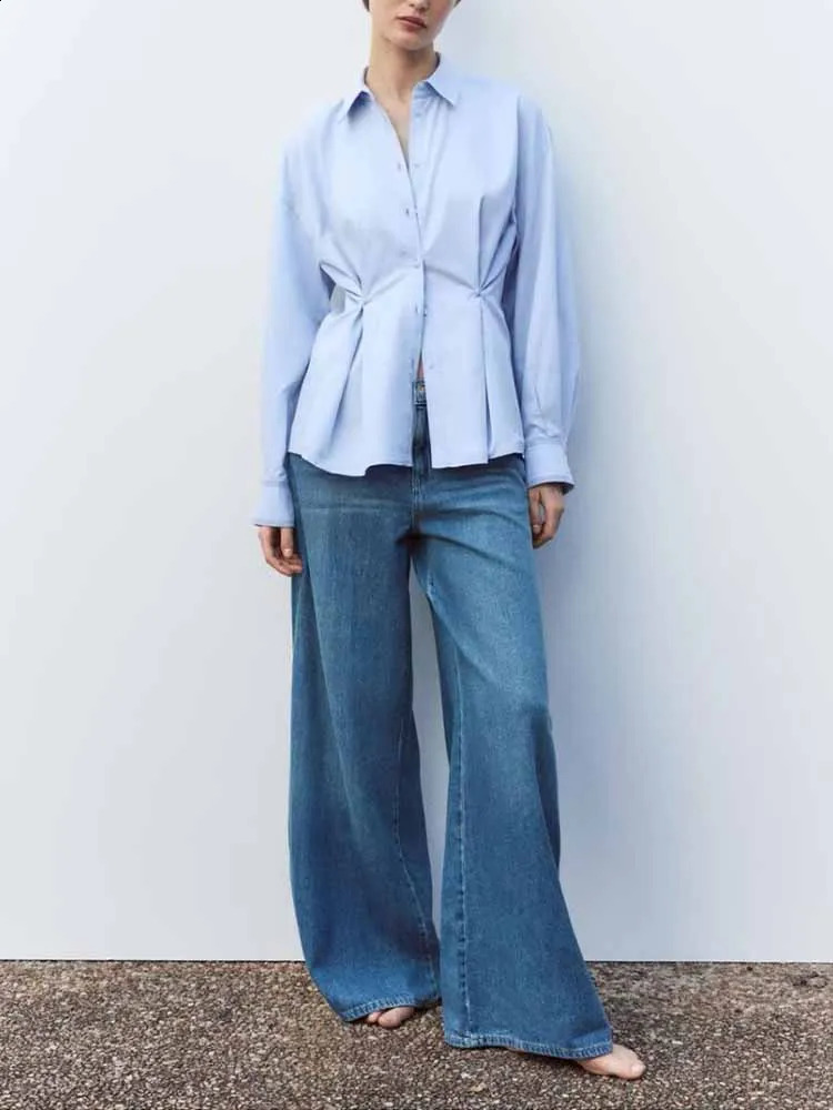 European and American style womens spring fashion Versatile waist button decoration Oxford collar shirt top 250319